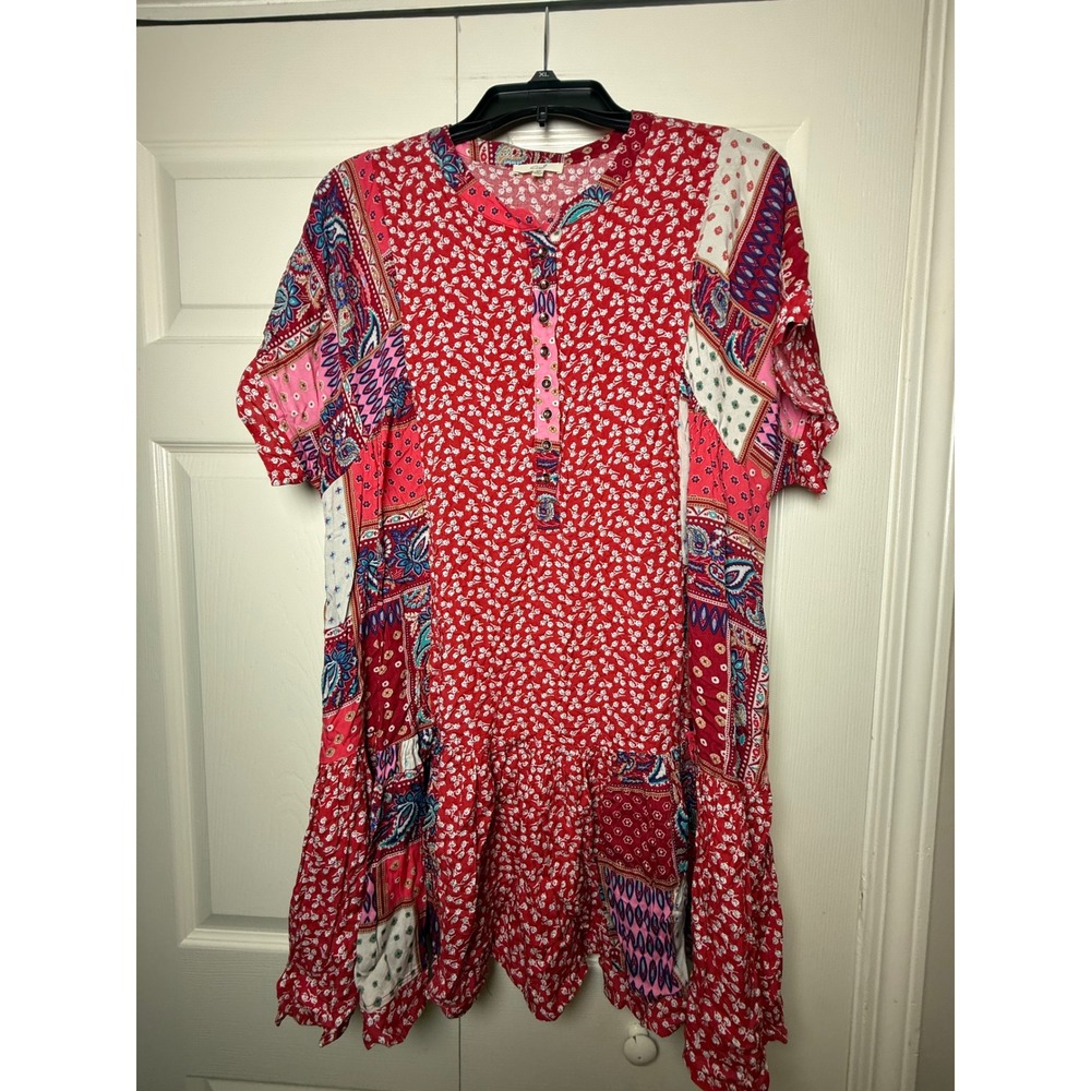 Easel Los Angeles Red Floral Paisley Patchwork Babydoll‎ Dress Medium